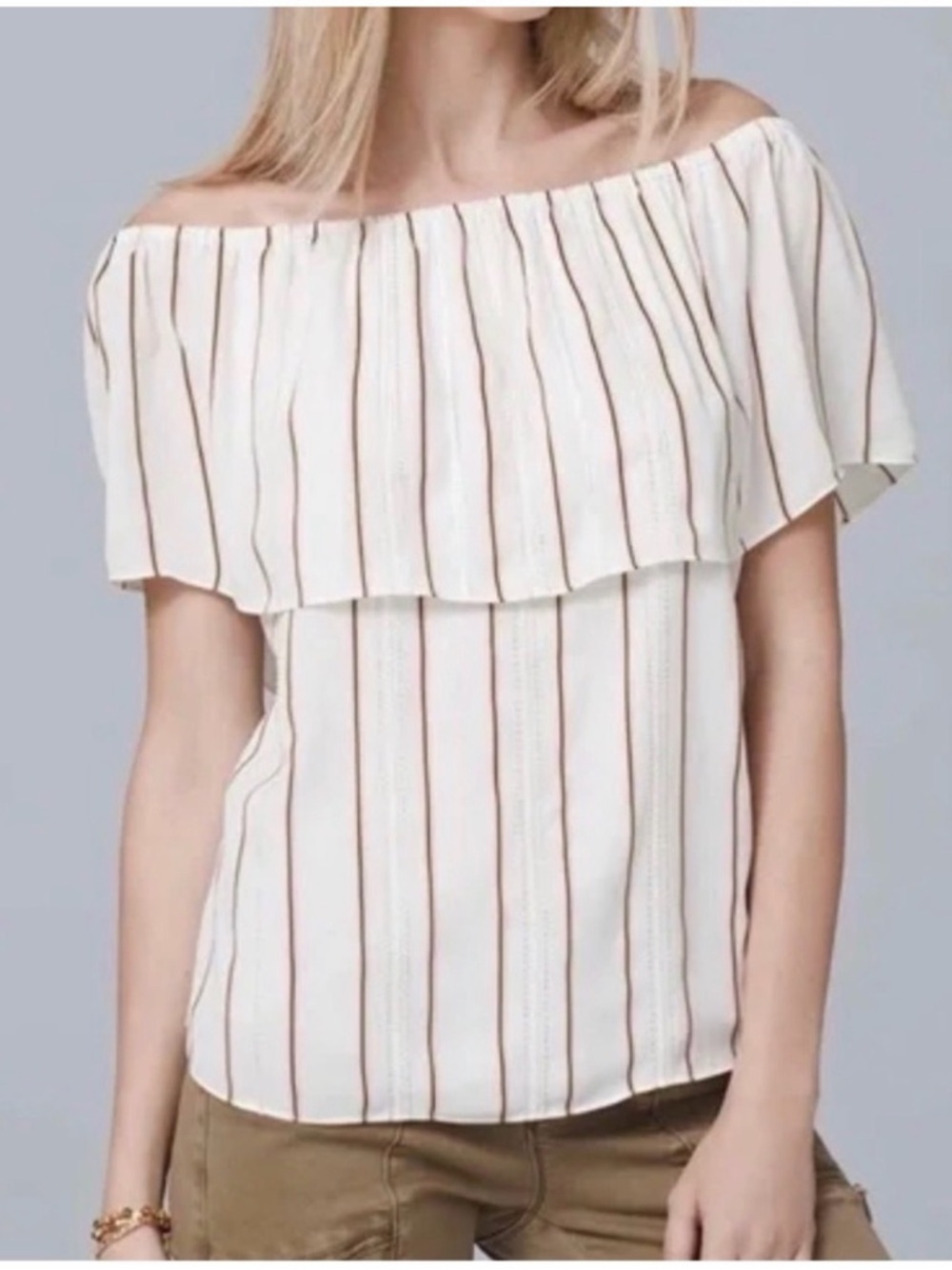 White House Black Market Women’s Off-Shoulder Striped Blouse in Cream small